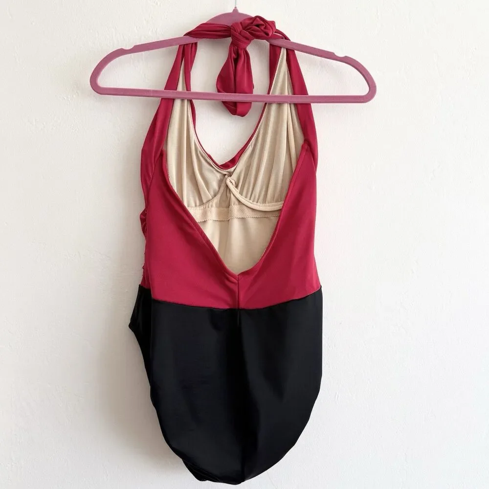 Miraclesuit Halter Top Tummy Control One Piece Swim in Black and Red Size 14